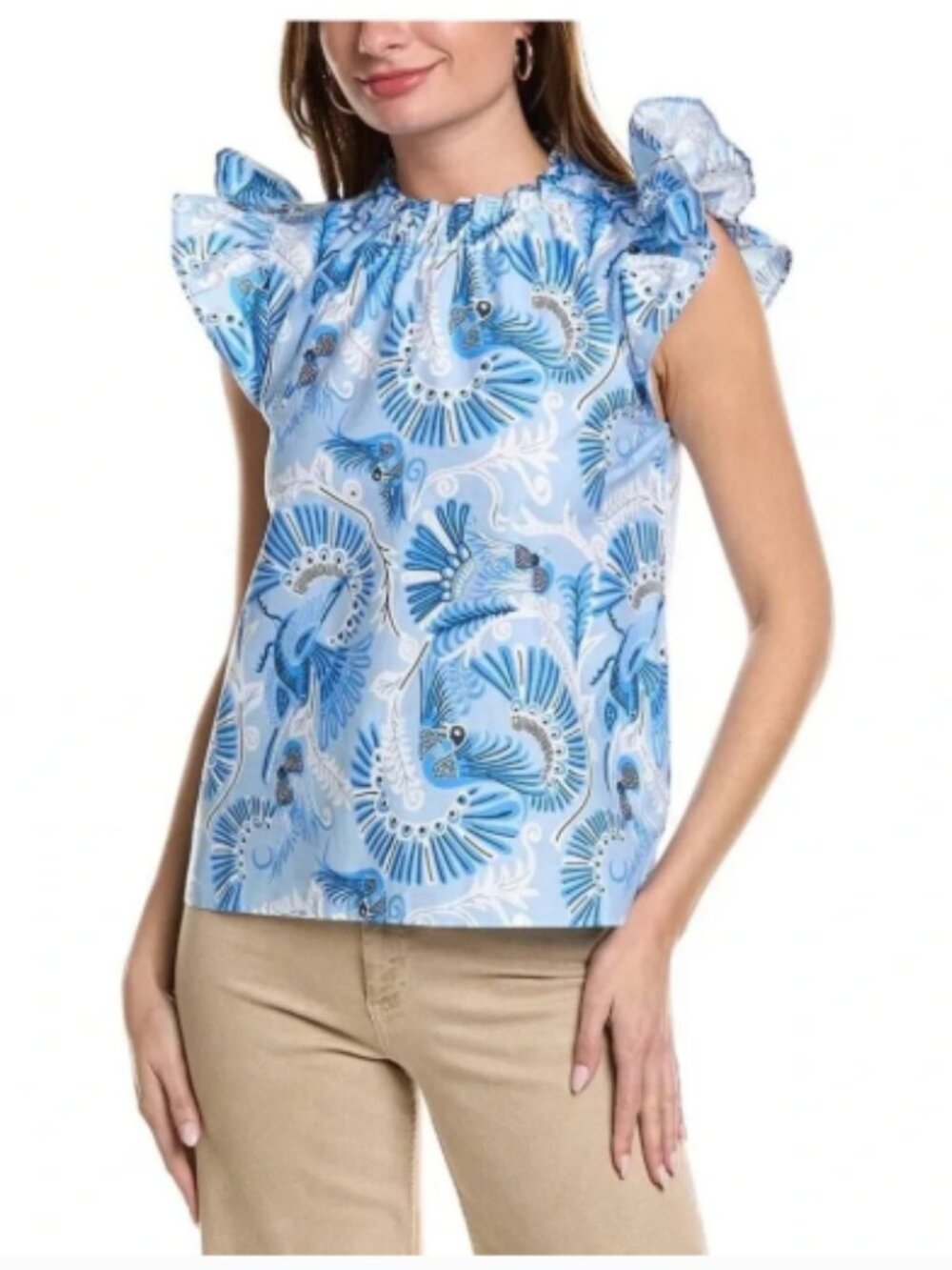 $148 Sail To Sable CK Bradley Ruffle Neck Top Shirt Blue Bird Print Sz M